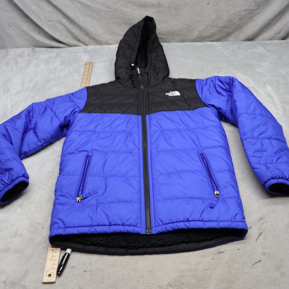 North Face Boys Large 14/16 Blue Reversible Hooded Fleece Lined Insulated Puffer